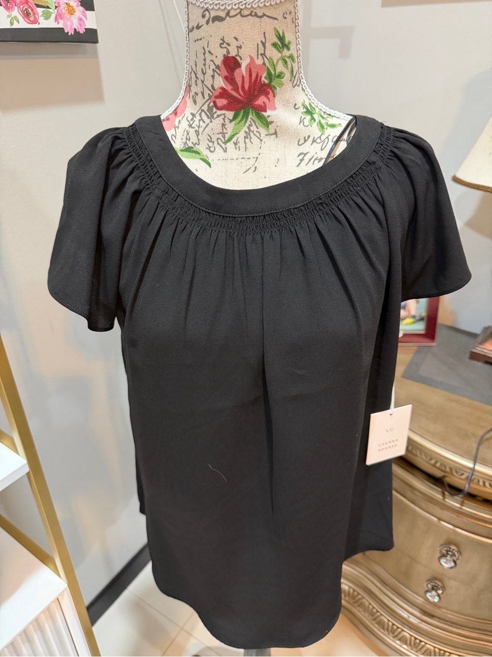 LC Lauren Conrad Black Short-Sleeve Smocked-Neck Blouse - Picture 7 of 14